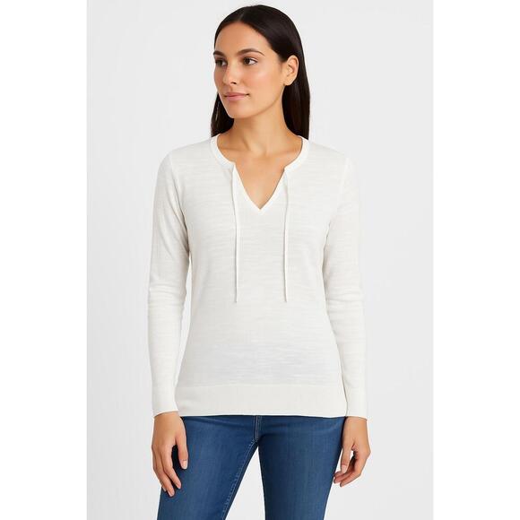 Ann Taylor LOFT White Drawstring VNeck Ribbed Hem Long Sleeve Pullover Top Small - Picture 1 of 8